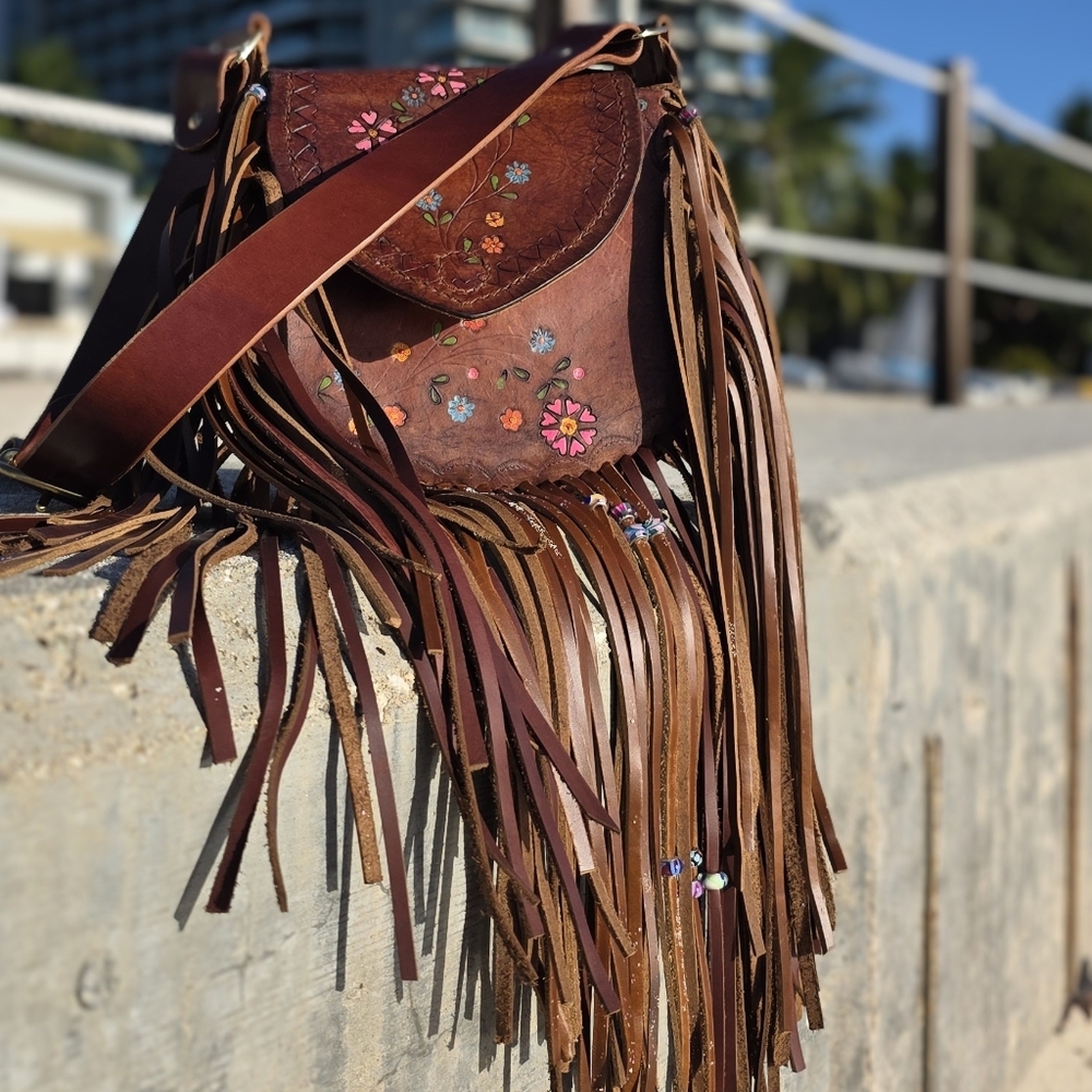 Handmade Tooled Leather Fringe Bag